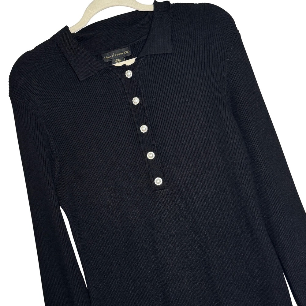 House Of Harlow 1960 Ribbed Knit Polo Midi Dress Women XL Black Pearl Buttons